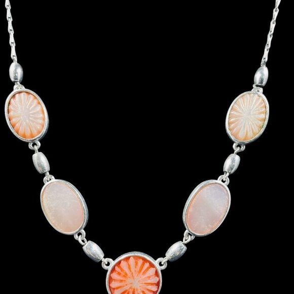 Monet Vintage Necklace Pink Orange Carved Glass Teardrop Pendant Statement - Picture 4 of 7